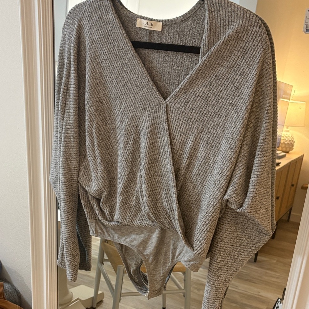 Jolie Women's V-Neck Sweater Bodysuit in Gray